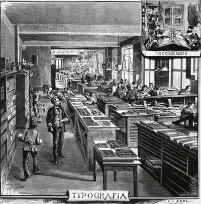 Büros der Gebrüder Treves, Typografie und Überlagerung, Illustration von Quinto Cenni aus L