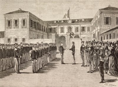 Prinz Vittorio Emanuele (1870-1946), Graf von Turin, verleiht Abschlüsse an Kadetten der Militärakademie von Mailand, Italien, 14. März von Quinto Cenni