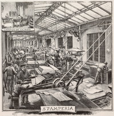 Druckerei im Verlagshaus Fratelli Treves, Mailand, Italien, Gravur nach Zeichnung von Quinto Cenni, aus L