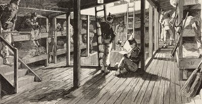 Soldaten unter Deck im Schlafsaal, Schiff Principe Amedeo, italienische Expedition im Roten Meer, Italien, Gravur nach einer Zeichnung von Quinto Cenni und einer Skizze von M. Dal Don, aus L