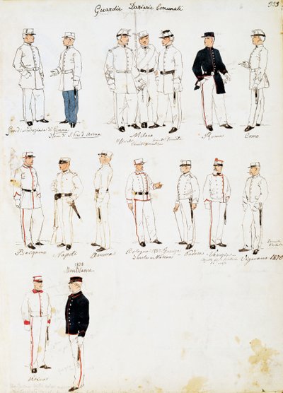 Uniformen der Zollwache des Königreichs Italien zwischen 1873-1878, Tafel aus dem Cenni-Codex, Sammlung militärischer Skizzen in Aquarell von Quinto Cenni