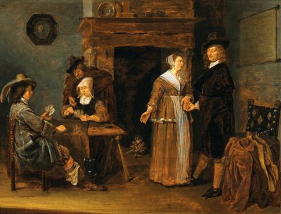 Lockere Gesellschaft, zwei Frauen und drei Männer am Kartentisch von Quirijn van Brekelenkam