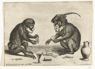 Zwei Affen spielen Karten (Verschiedene Szenen aus dem menschlichen Leben dargestellt durch Affen) (Das Affenspiel in der Welt) von Quirin Boel