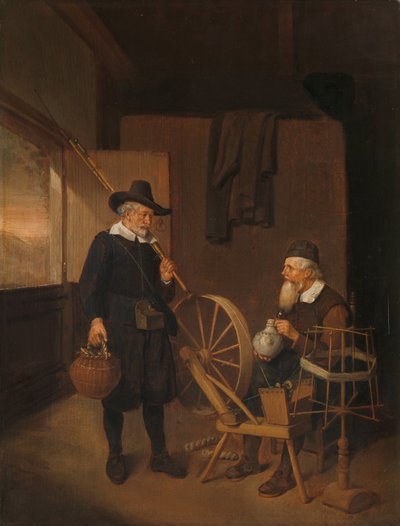 Innenraum mit Fischer und Mann neben einer Spule und Spindel von Quiringh Gerritsz. van Brekelenkam