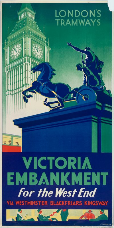 Victoria Embankment, London County Council LCC Straßenbahnplakat, 1932 von RF Fordred