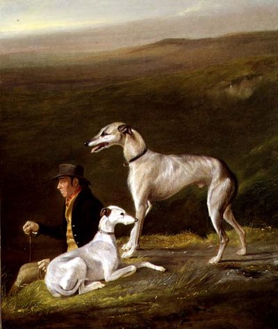 Alter Sandy, Trainer von Alexander Graham, mit zwei Windhunden in einer Hochlandlandschaft von R.G. Brown