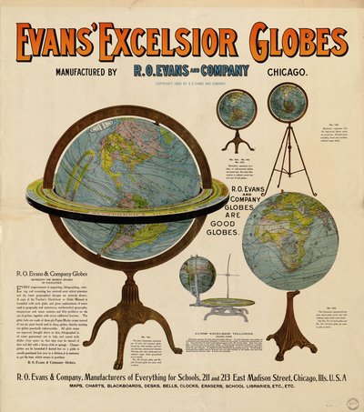Werbeplakat für Globen mit Darstellungen von 5 Globen und etwas beschreibendem Text von R. O. Evans And Company