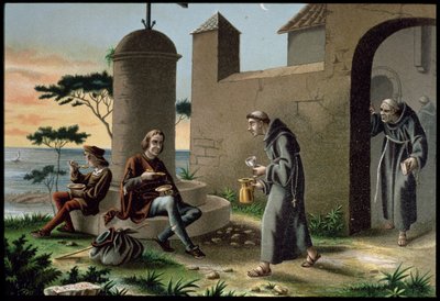 Die Ankunft von Christoph Kolumbus (1451-1506) mit seinem Sohn im Kloster von La Rabida, aus 