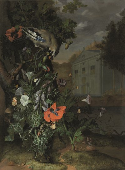 Waldboden mit klassischer Fassade im Hintergrund von Rachel Ruysch