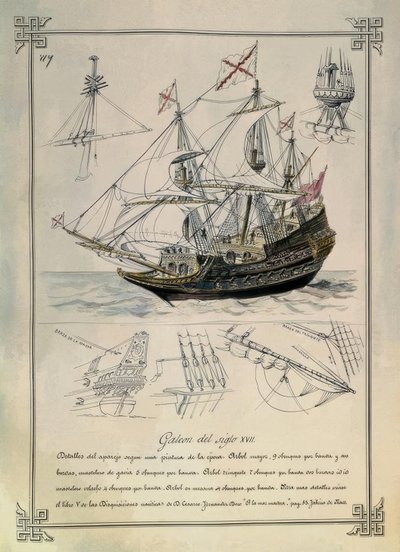 Galeone des 17. Jahrhunderts in einer Zeichnung des 19. Jahrhunderts von Rafael Monleon y Torres