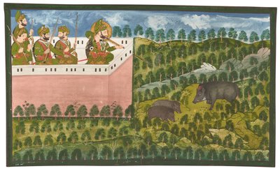 Ein Gemälde von Maharana Jawan Singh bei der Wildschweinjagd von Rajasthani School