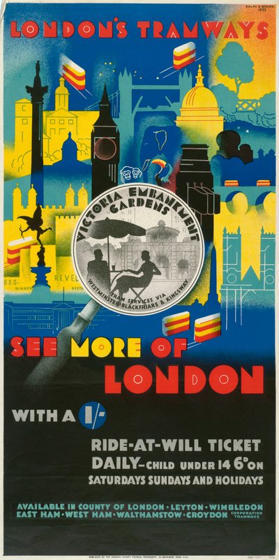 Sehen Sie mehr von London mit einem Schilling, London County Council LCC Tramways Poster, 1933 von Ralph and Brown Studios