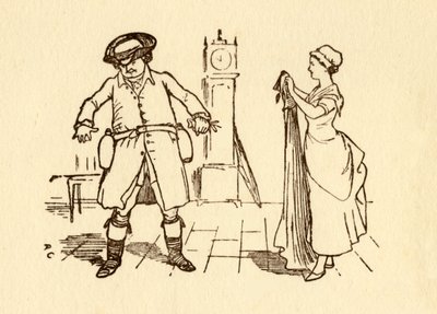 John Gilpin befestigt Weinflaschen an seinem Gürtel, 1878, um 1918 von Randolph Caldecott