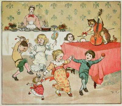 Die Katze und die Geige und die Kinderparty, Illustration aus Hey Diddle Diddle von Randolph Caldecott