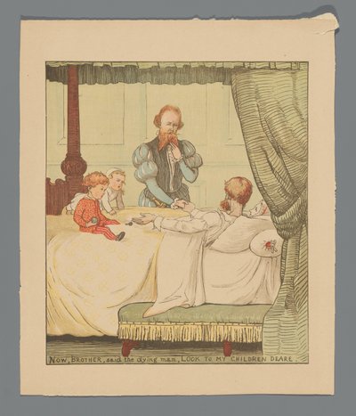 Zwei Kinder und ein Mann an einem Krankenbett von Randolph Caldecott