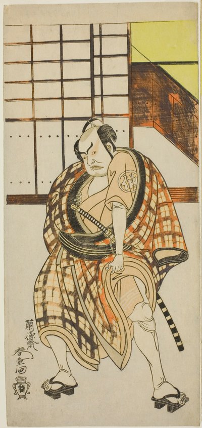Der Schauspieler Nakamura Sukegoro II als Sasano Sangobei im zweiten Teil des Stücks Iro Moyo Aoyagi Soga (Grüne Weide Soga des erotischen Designs), aufgeführt im Nakamura-Theater im zweiten Monat, 1775 von Rantokusai Shundo