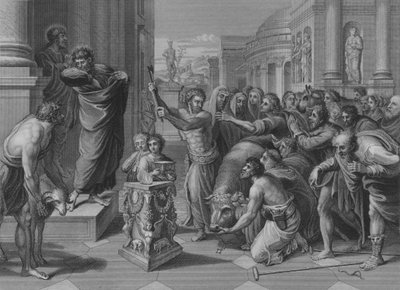 Paulus und Barnabas in Lystra, Apostelgeschichte 14, Vers 8-19 (Gravur) von after Raphael