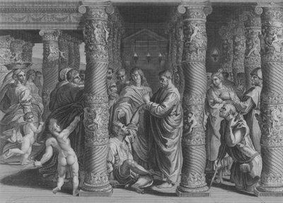 Petrus und Johannes am Schönen Tor, Apostelgeschichte 3, Vers 1-12 (Gravur) von after Raphael