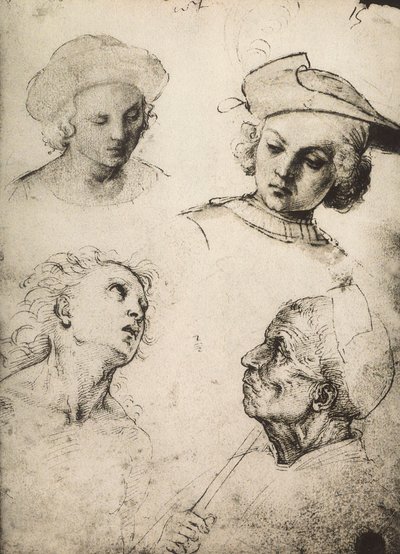 Studie von vier männlichen Gesichtern; Zeichnung von Raphael. Gallerie dell
