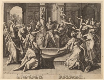 Salomo zur Götzenanbetung von seinen Frauen verführt von Raphael Sadeler I after Joos van Winghe