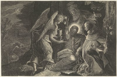 Christus wird in Gethsemane von einem Engel, dem Heiligen Dominikus und der Heiligen Katharina von Siena getröstet von Raphaël Sadeler (II)