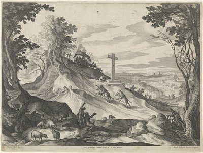 Landschaft mit einem Kreuz auf einem Hügel von Raphaël Sadeler (II)