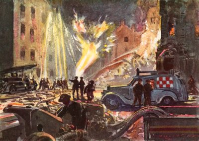 Feuerwehrmänner des britischen National Fire Service im Krieg, die während des Blitzes einen brennenden Gasanschluss löschen, Zweiter Weltkrieg von Reginald Mills