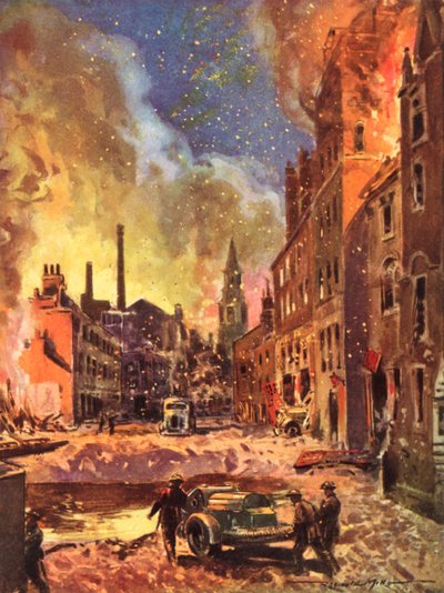 Feuerwehrmänner des britischen National Fire Service im Krieg inspizieren einen großen Bombenkrater während des Blitzes, Zweiter Weltkrieg von Reginald Mills