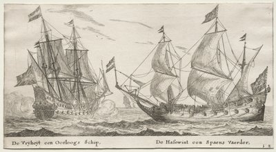 Schiffe von Amsterdam: Die Freiheit, ein Kriegsschiff. Der Wolfshund, ein spanisches Schiff von Reinier Nooms