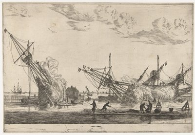 Abdichten der Rümpfe von drei Fluitschiffen (Dreizehn Szenen mit Schiffen) von Reinier Nooms