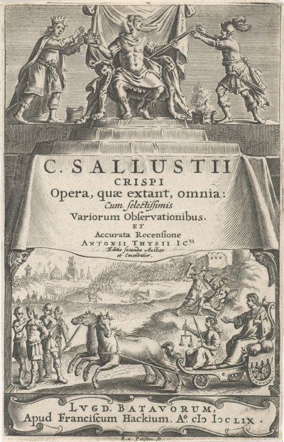 Ein Kaiser und Gerechtigkeit auf einem Triumphwagen
Titelblatt für: A. Thysius jr., Opera, quae extant, omnia, 1659 von Reinier van Persijn