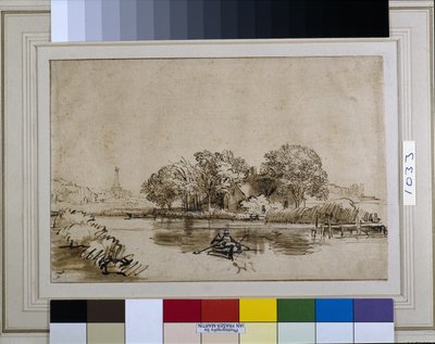 Ein Mann rudert ein Boot auf der Bullewijk, mit Blick auf Ouderkerk, ca. 1650 (Feder & Tinte mit brauner Waschung & weißer Körperfarbe auf Papier) von Rembrandt Harmensz. van Rijn