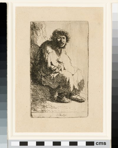 Bettler, der auf einer Bank sitzt von Rembrandt van Rijn