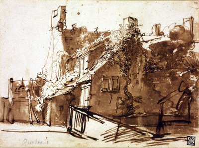 Bauernhaus im Sonnenlicht - Rembrandt van Rhijn (1606-1669) - 1635-1636 - Feder, Pinsel, braune Farbe auf Papier - 16,4x22,3 cm - Szépművészeti Múzeum, Budapest von Rembrandt Harmensz. van Rijn