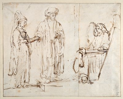 Laban bringt Leah zu Jakob, mit Jakob überlagert von einem Fragment einer anderen Zeichnung; ein Engel mit einem Hund zu seinen Füßen von Rembrandt Harmensz. van Rijn
