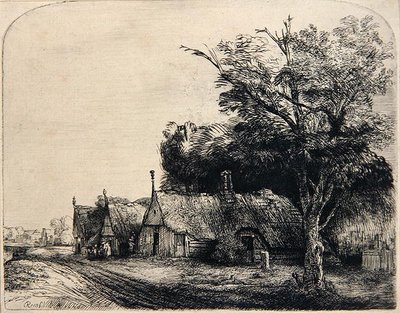 Landschaft mit drei Hütten von Rembrandt Harmensz. van Rijn