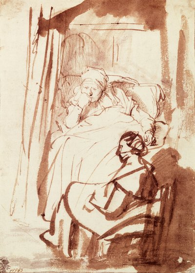 Saskia im Bett liegend, eine Frau sitzt an ihren Füßen von Rembrandt Harmensz. van Rijn