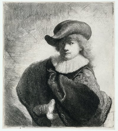 Selbstporträt mit weichem Hut und gemustertem Mantel von Rembrandt Harmensz. van Rijn