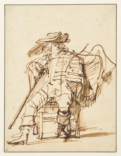 Studie eines sitzenden Schauspielers mit Federhut - Capitano aus der Commedia dell