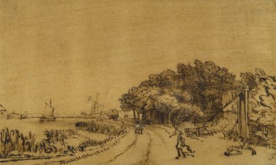 Ansicht auf die Amstel: die Straße am Amsteldijk nach Trompenburg, ca. 1649-50 von Rembrandt Harmensz. van Rijn