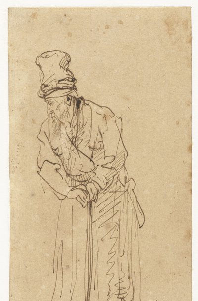 Alter Mann, der auf einem Stock lehnt von Rembrandt van Rijn (school of)