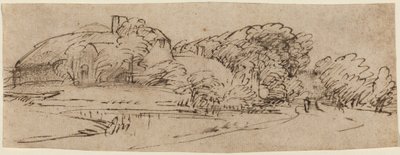 Landschaft mit Bauernhäusern zwischen Bäumen von Rembrandt van Rijn