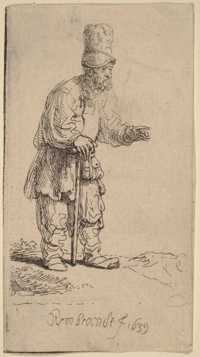 Ein Bauer mit hoher Mütze, stehend und auf einen Stock gelehnt von Rembrandt van Rijn