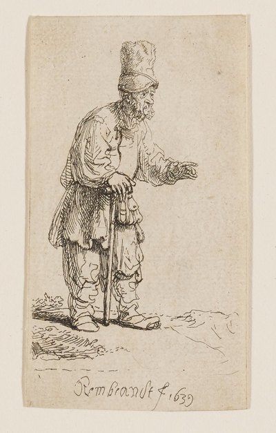 Ein Bauer mit hoher Mütze, stehend und auf einen Stock gelehnt von Rembrandt van Rijn