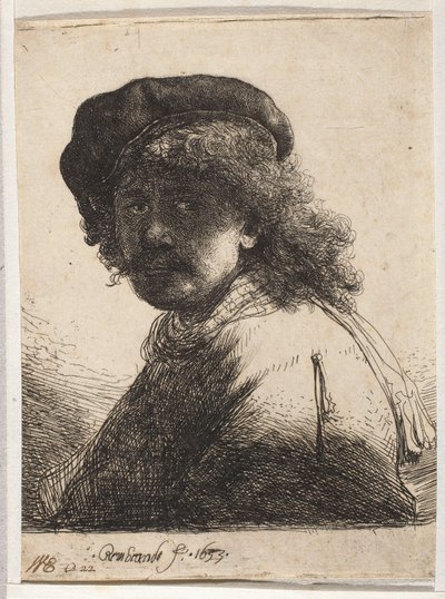 Selbstporträt mit Barett und Schal von Rembrandt van Rijn