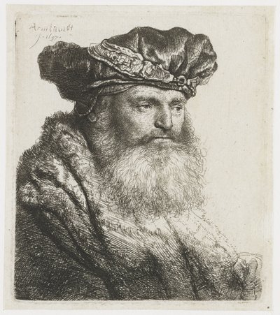 Bärtiger Mann mit Samtkappe und juwelenbesetzter Spange von Rembrandt van Rijn