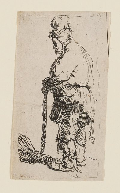 Bettler, der sich auf einen Stock stützt, nach links gewandt von Rembrandt van Rijn