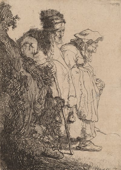 Bettler Mann und Frau hinter einem Damm von Rembrandt van Rijn