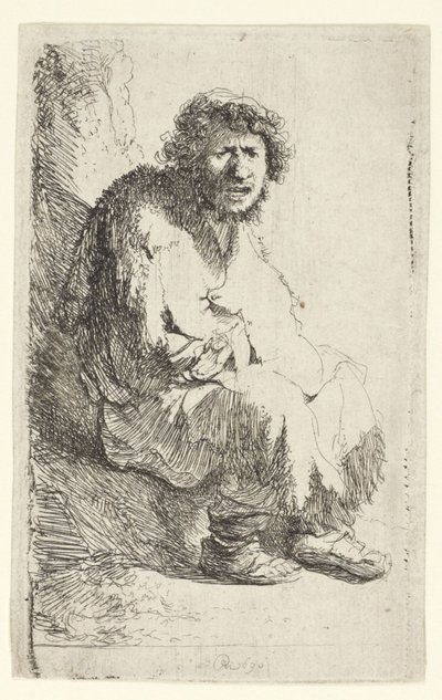 Bettler auf einer Bank sitzend von Rembrandt van Rijn