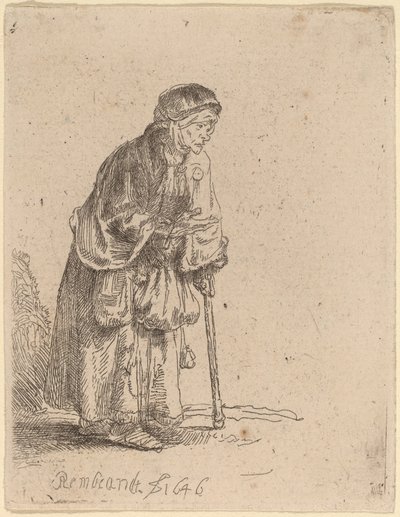 Bettlerin, die sich auf einen Stock stützt von Rembrandt van Rijn